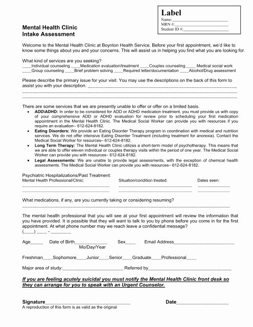 Medical Intake forms Template Inspirational Mental Health Clinic Intake assessment form Boynton