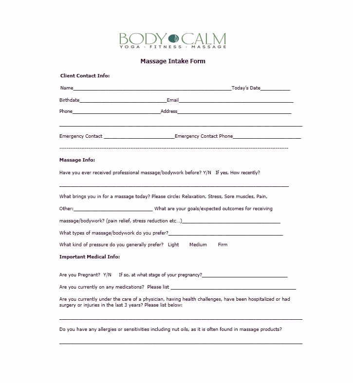 Medical Intake forms Template Luxury 59 Best Massage Intake forms for Any Client Printable