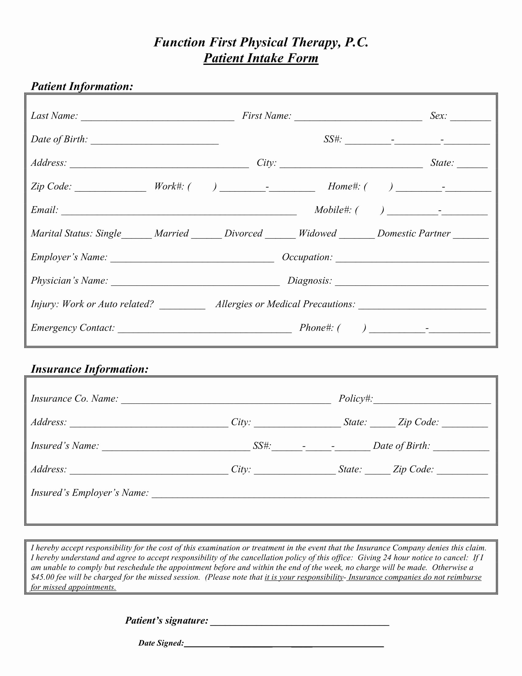 Medical Intake forms Template Luxury Free 5 Physical therapy Intake forms In Pdf