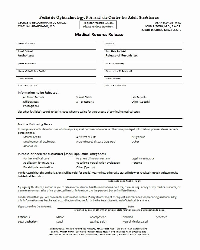 Medical Record forms Template New 30 Medical Release form Templates Free Template Downloads