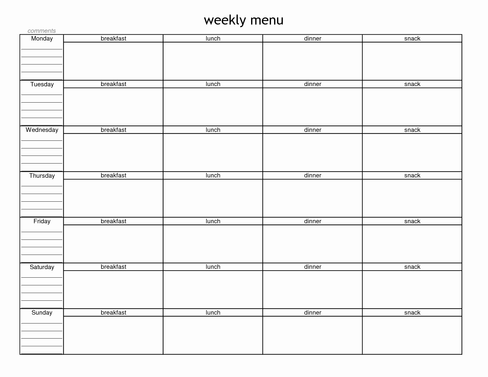 Menu Planner Template Printable Fresh Blank Weekly Menu Planner Template In 2019