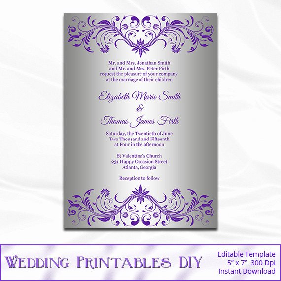 Microsoft Office Wedding Invitation Template Unique Silver Foil Wedding Invitation Template Diy Purple and Silver