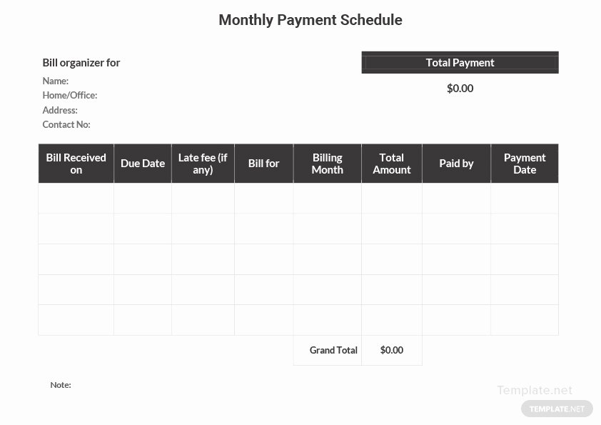 Monthly Payment Schedule Template New Monthly Payment Schedule Template In Microsoft Word Excel