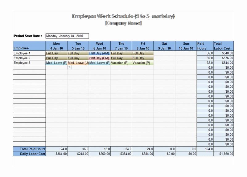 Multiple Employee Schedule Template Beautiful 9 to 5 Work Schedule Template