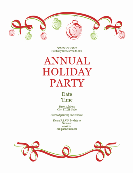 Office Christmas Party Invitation Template New Holiday Party Invitation with ornaments and Red Ribbon