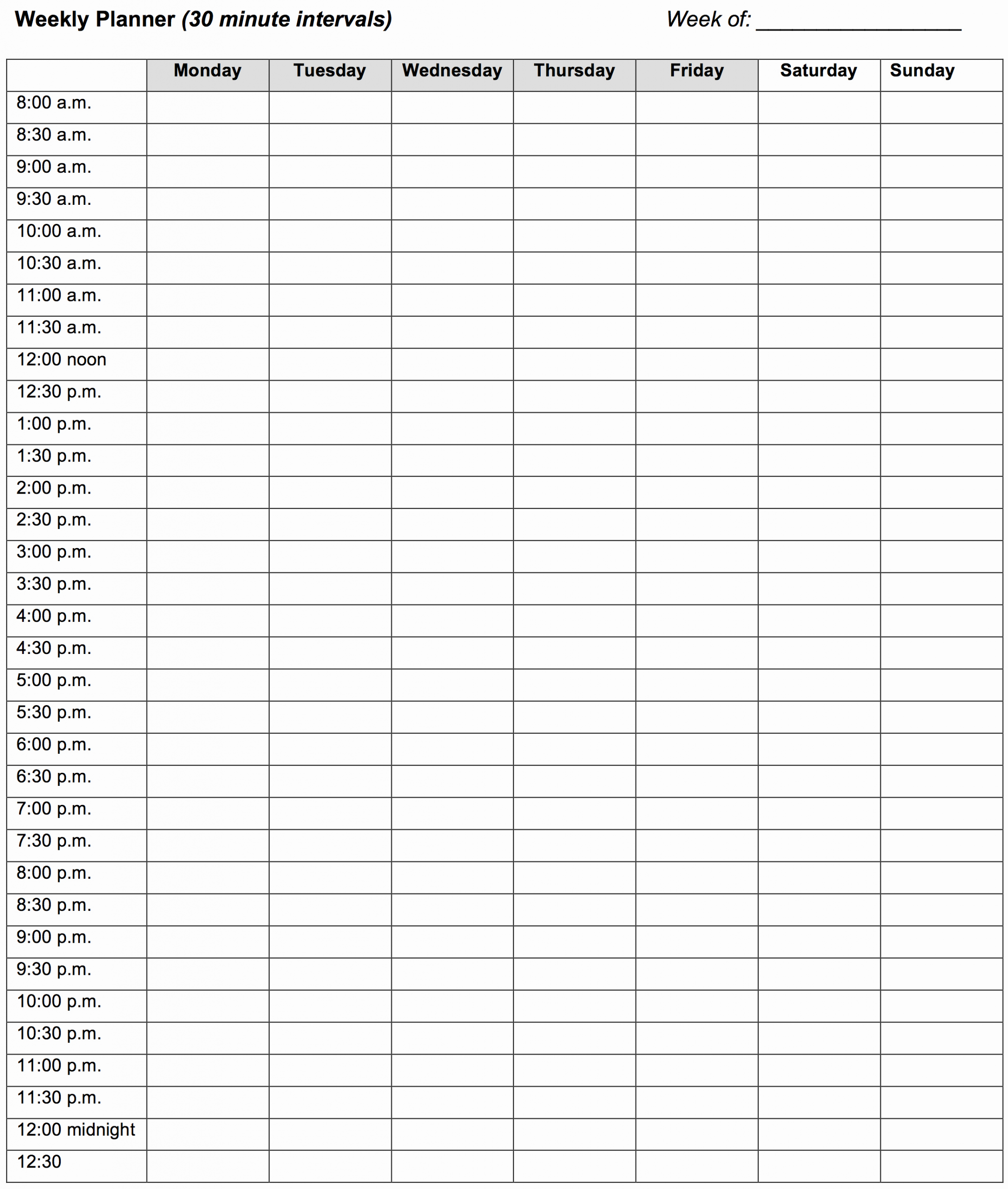 One Day Schedule Template Lovely Weekly Planner 30 Minute Intervals Learning Center