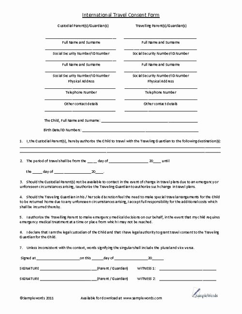 Parental Consent form Template Travel Awesome Child International Travel Consent form