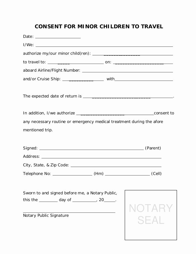 Parental Consent form Template Travel Luxury Consent for Minor Children to Travel