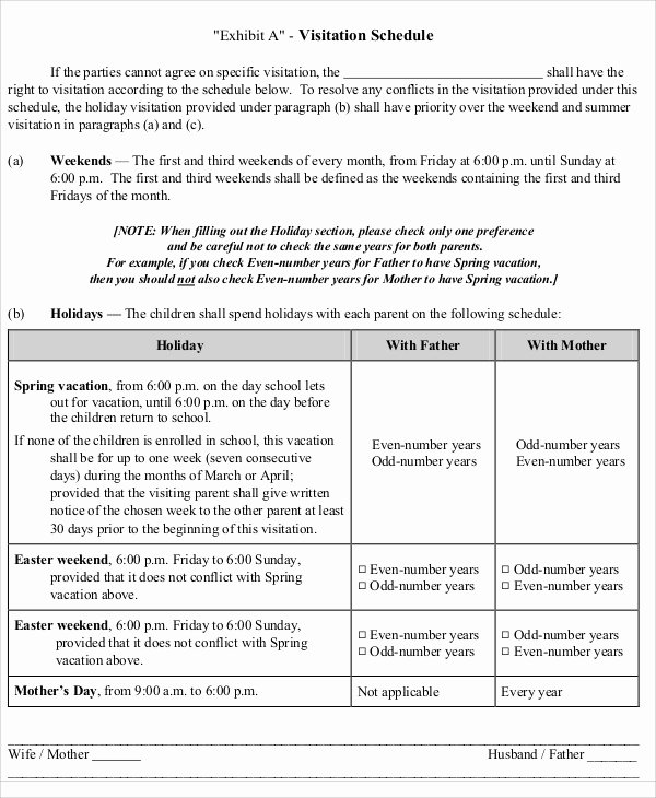 Parenting Plan Calendar Template Inspirational 9 Visitation Schedule Templates Free Samples Examples