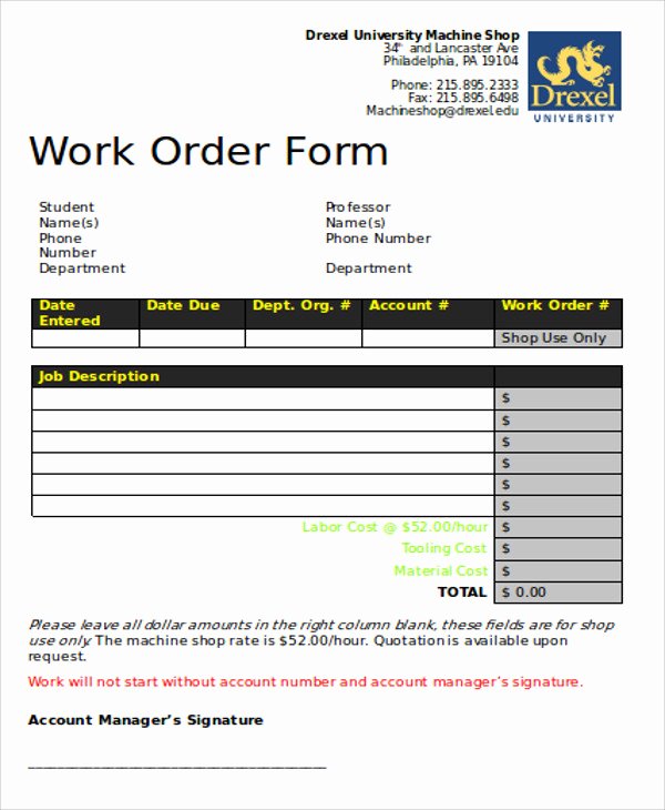 Part order form Template Elegant Free Sample Work order form 9 Examples In Word Pdf