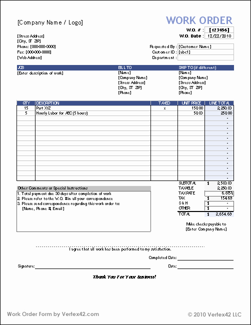 Part order form Template Fresh Work orders