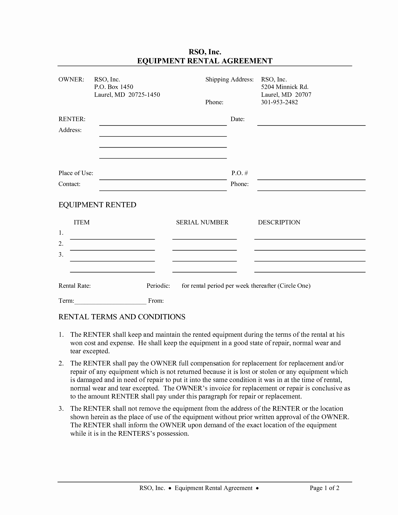 Party Rental Agreement Template New Equipment Rental Contract Template