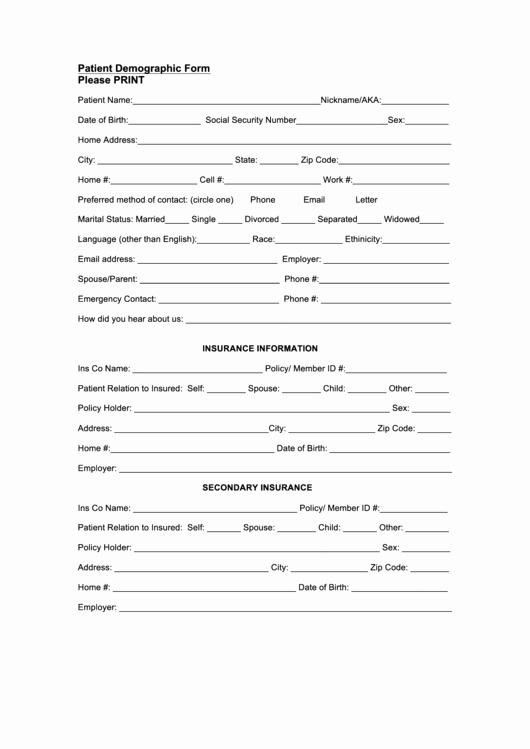 Patient Information Sheet Template Lovely Patient Demographic form Printable Pdf