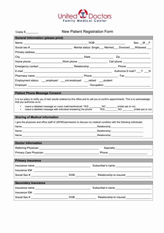Patient Information Sheet Template Unique New Patient Registration form Printable Pdf