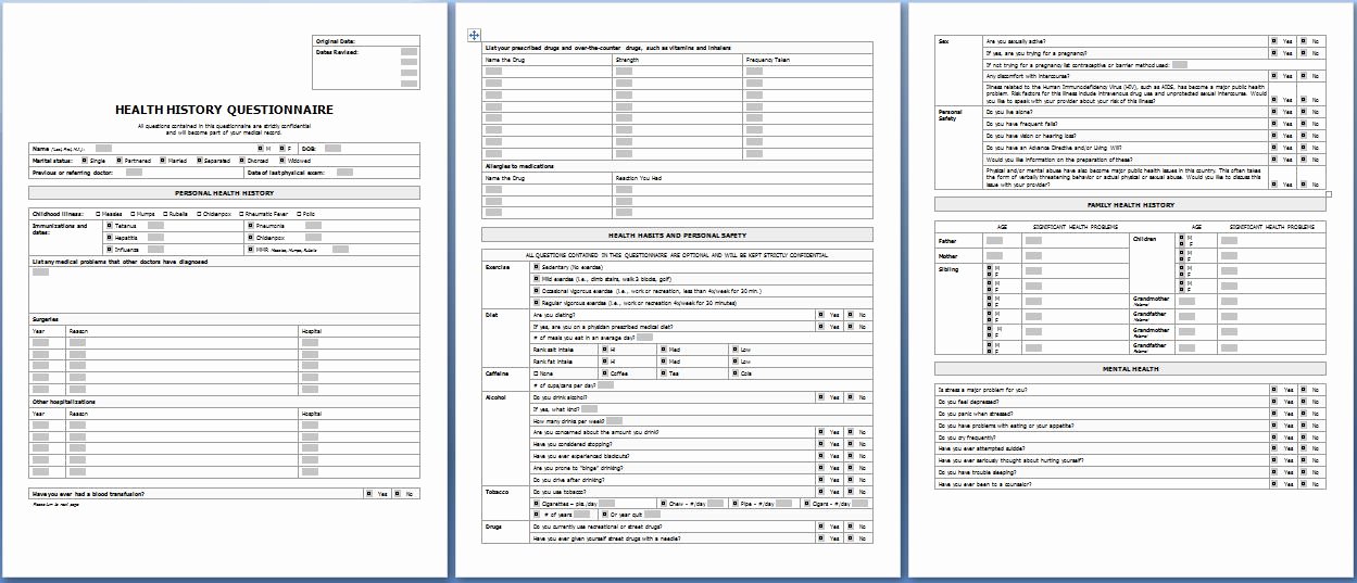 Patient Medical History form Template Fresh Patient Health History Questionnaire form Templates