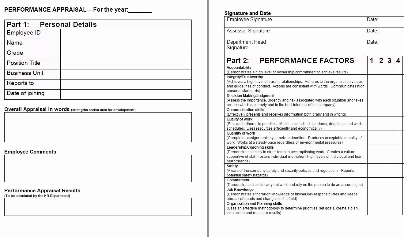 Performance Evaluation form Template Best Of Performance Appraisal form Template