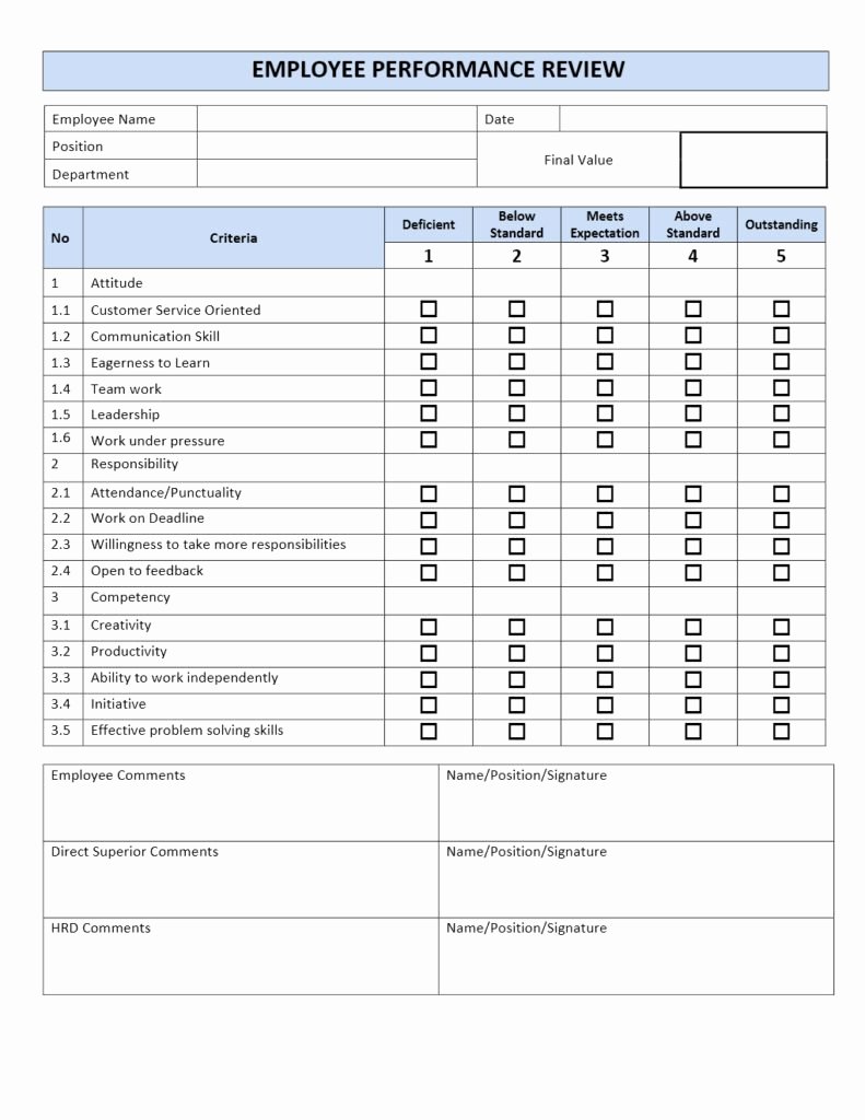 Performance Evaluation form Template Luxury Employee Performance Review form