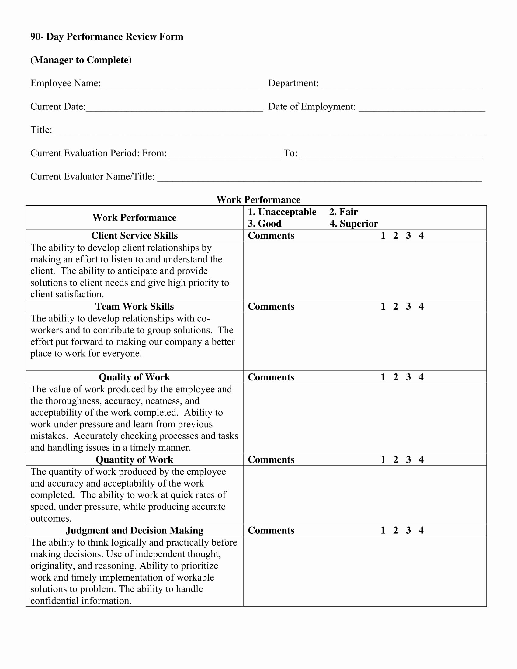 Performance Review form Template Inspirational Free 14 90 Day Review forms In Pdf