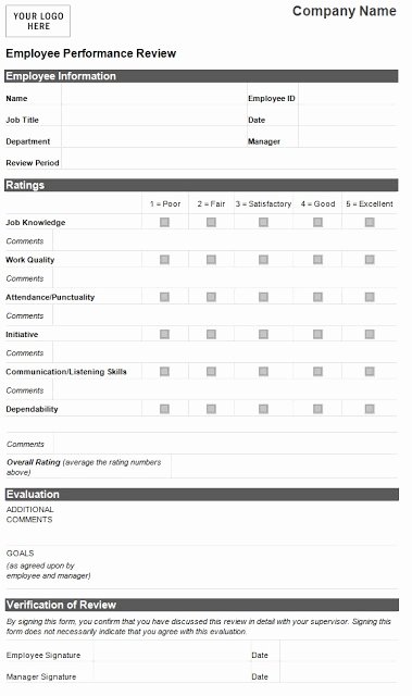 Performance Review form Template Luxury Employee Performance Evaluation form Template Sample