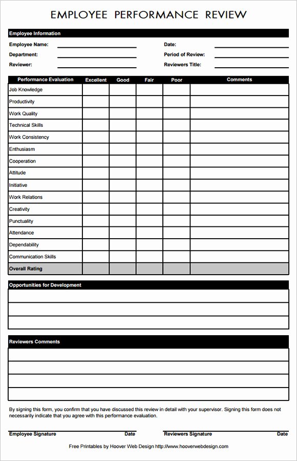 Performance Review form Template New Employee Review Template
