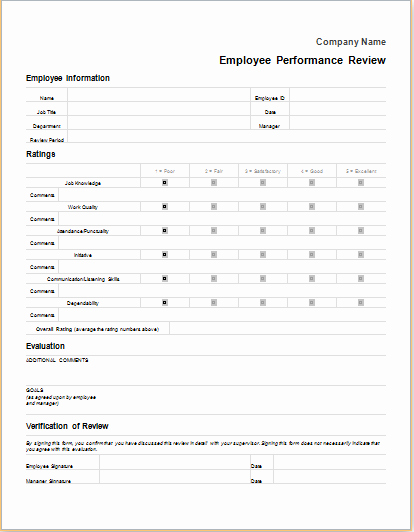 Performance Review form Template Unique Employee Performance Review form for Word