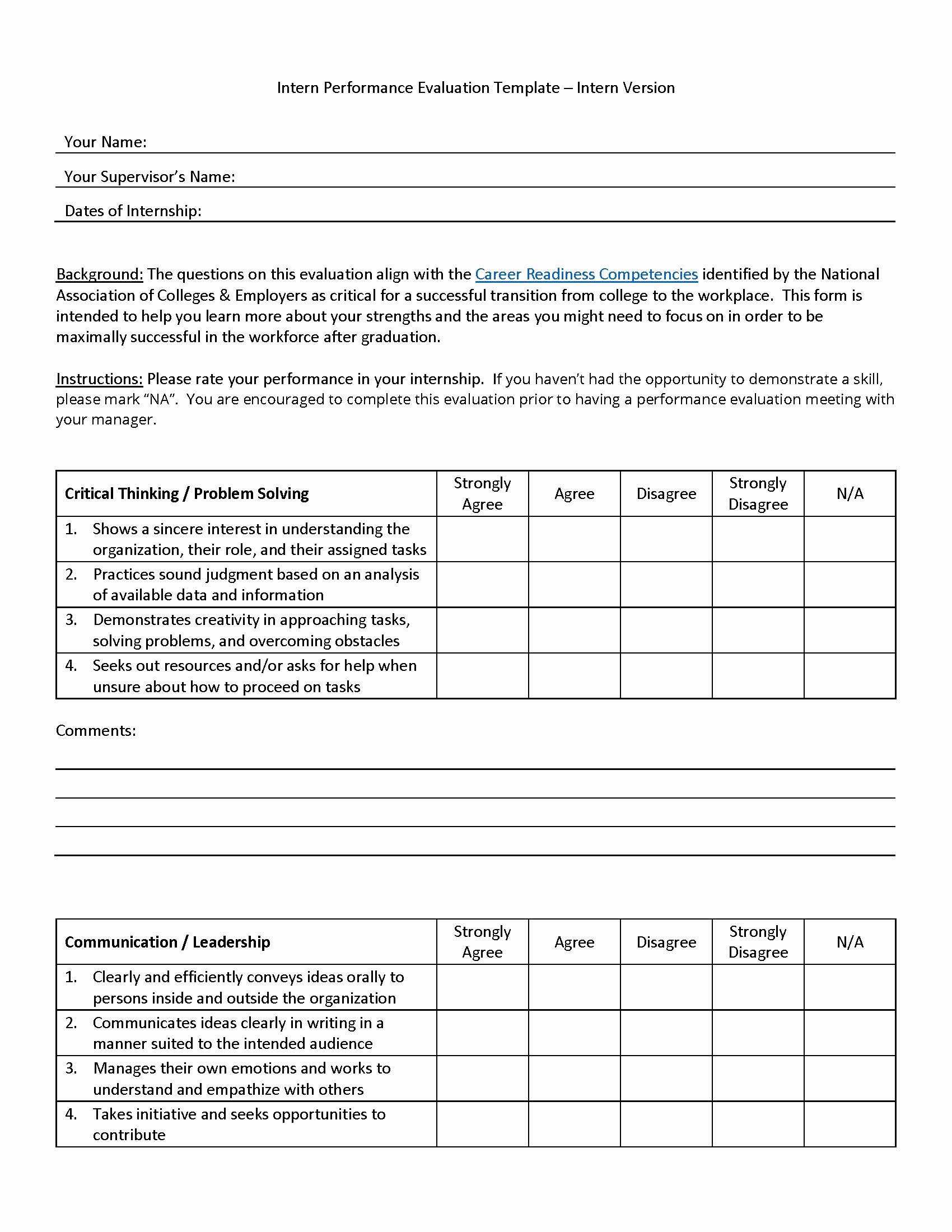 Performance Review form Template Unique Intern Performance Evaluation Template – Intern Version