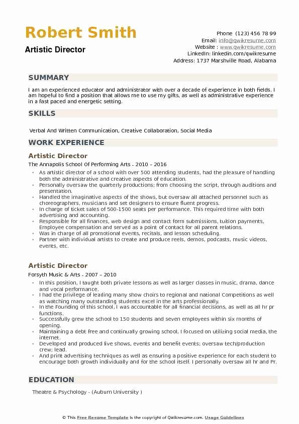 Performing Arts Resume Template Beautiful Artistic Director Resume Samples