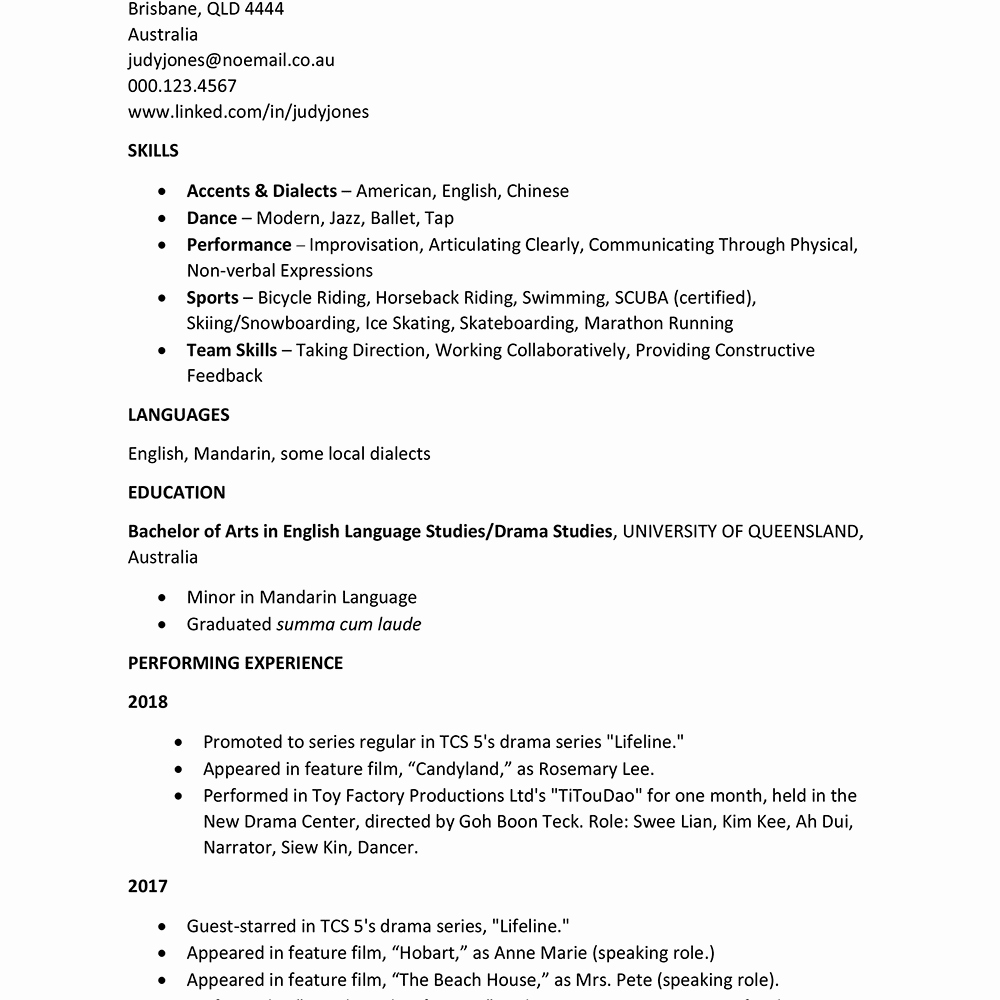 Performing Arts Resume Template Best Of International theater Curriculum Vitae Example