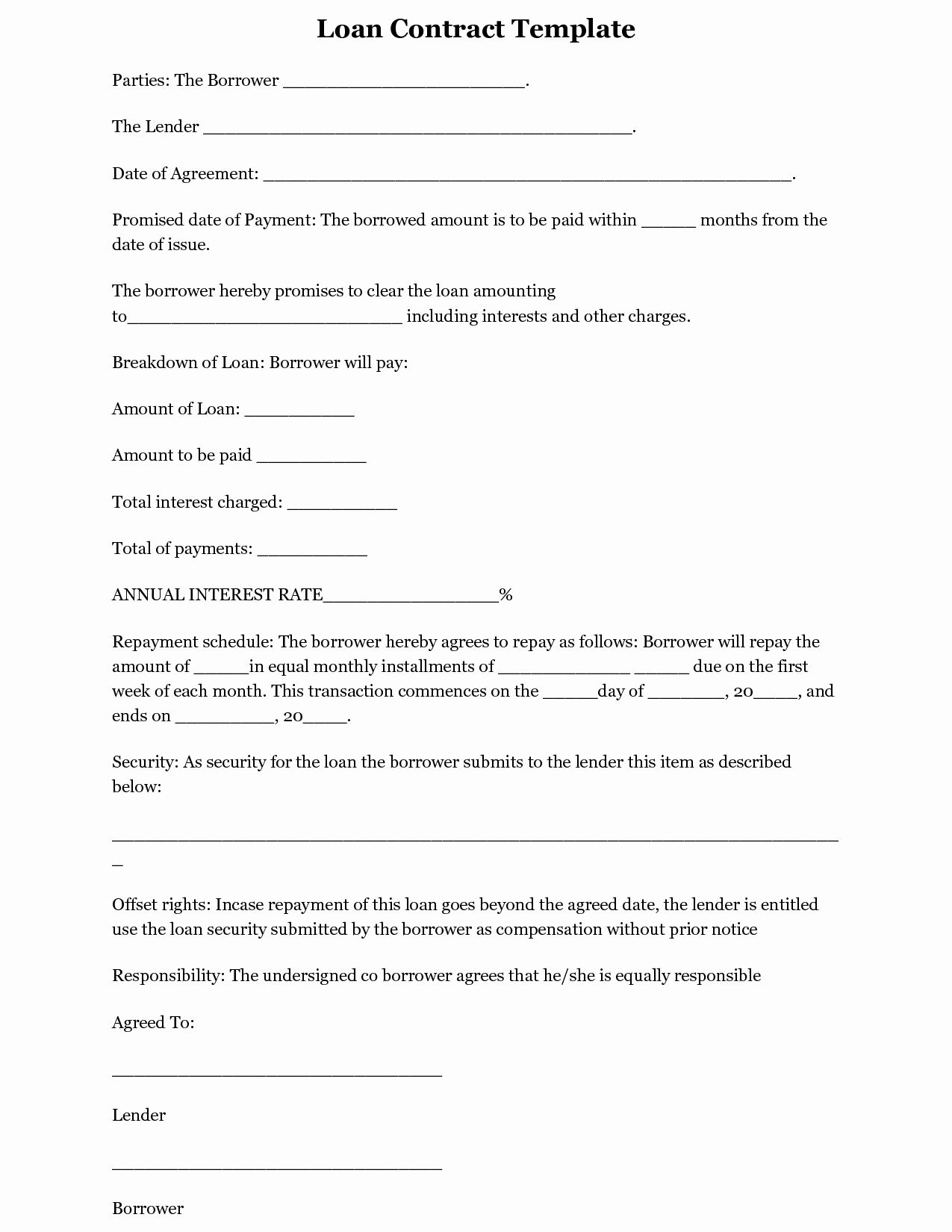 Personal Loan form Template Inspirational Free Printable Loan Template form Generic