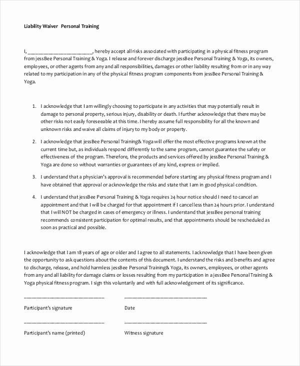 Personal Trainer Waiver form Template Beautiful Free 10 Sample Waiver Of Liability forms In Pdf