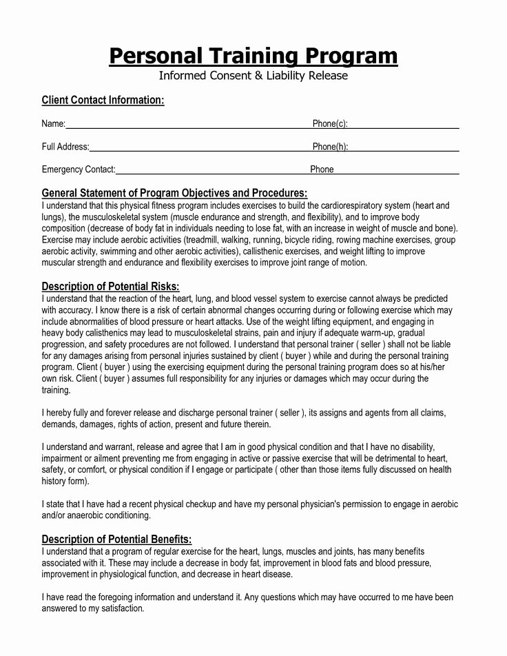 Personal Trainer Waiver form Template Elegant Informed Consent form Personal Training Google Search