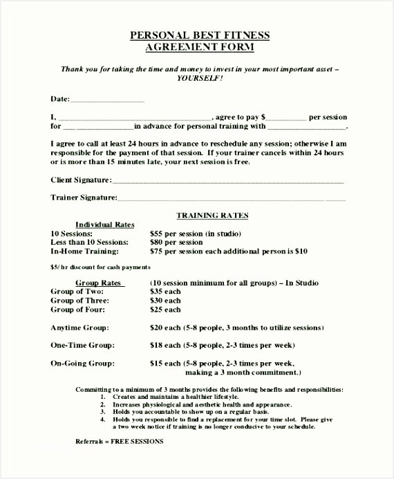 Personal Trainer Waiver form Template Fresh 5 Personal Training Agreement Template Besttemplatess123