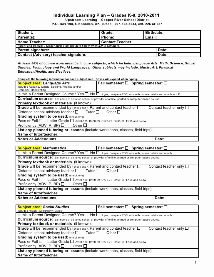 Personalized Learning Plans Template New Individual Learning Plan – Grades K 8 2010 2011