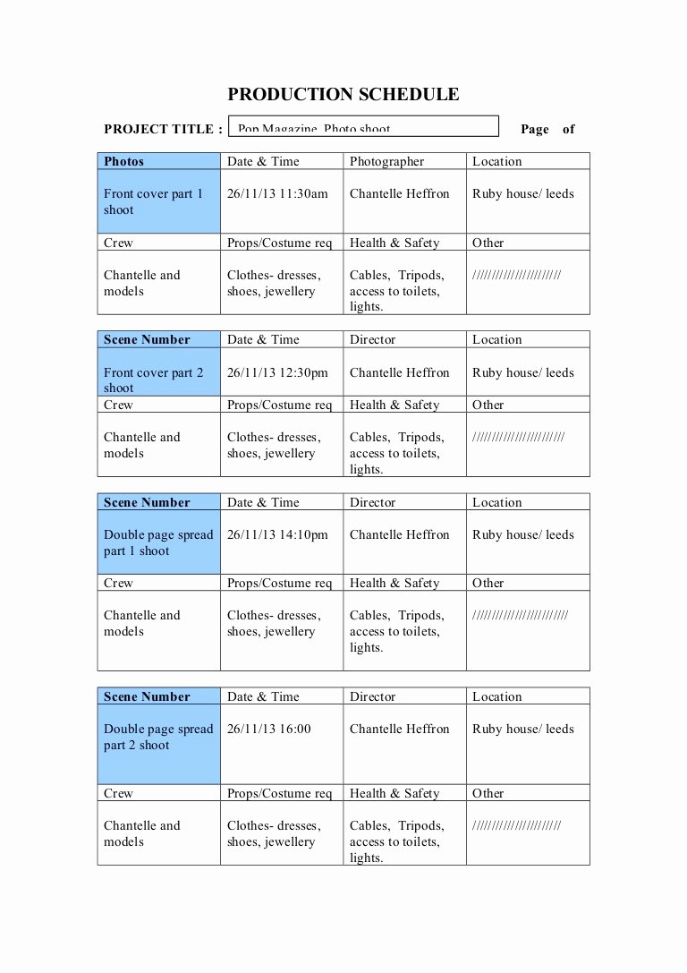 Photo Shoot Schedule Template Fresh Production Schedule Shooting Plan Photoshoot