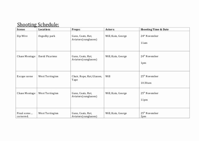 Photo Shoot Schedule Template Lovely Shooting Schedule Template