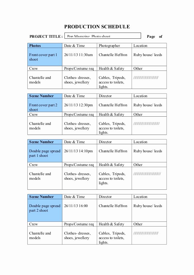 Photo Shoot Schedule Template Luxury Production Schedule Shooting Plan Photoshoot