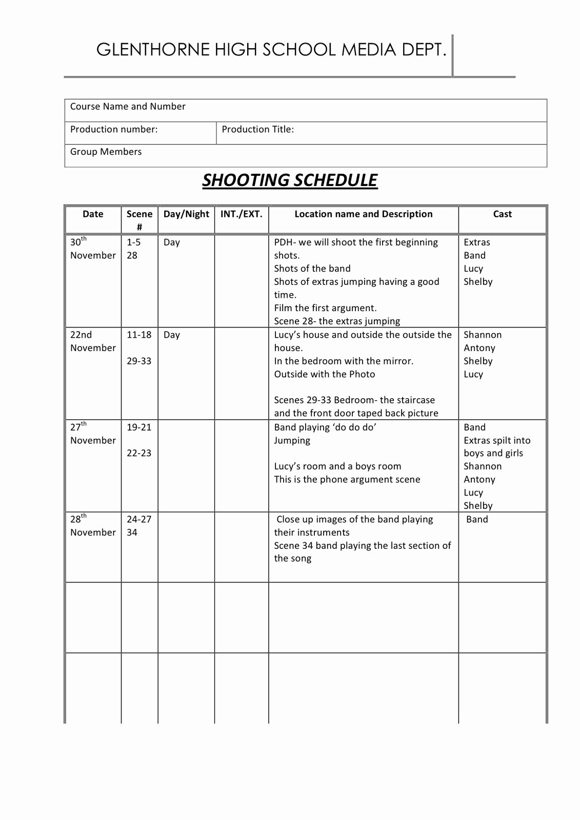 Photo Shoot Schedule Template New Shelby norman P12 Shooting Schedule