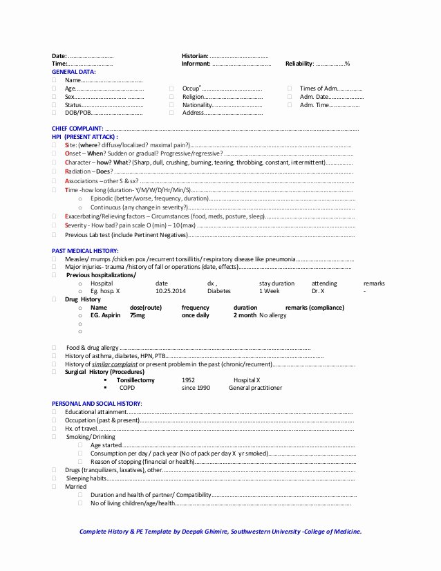 Physical Exam form Template Fresh Classical Medical History and Physical Examination Template