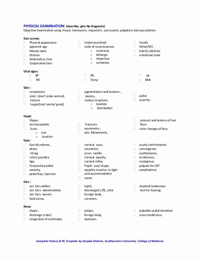 Physical Exam form Template Inspirational Classical Medical History and Physical Examination Template