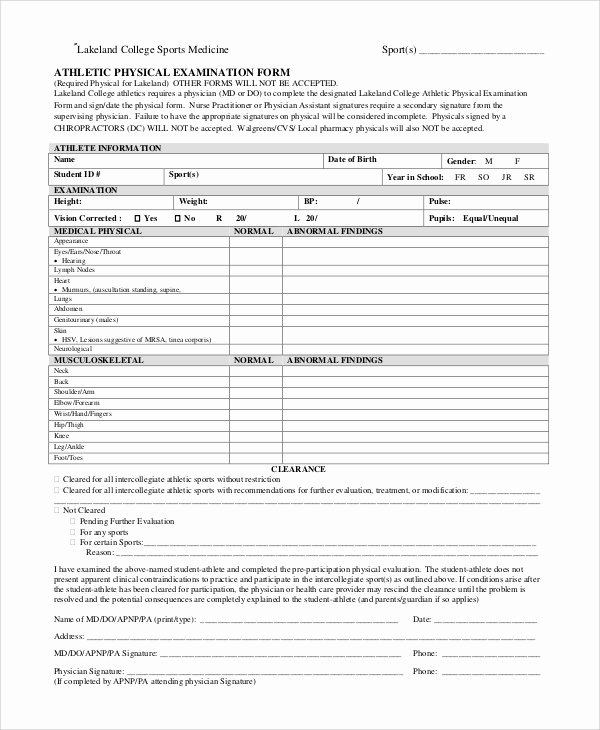 Physical Exam form Template New Sample Sports Physical form 8 Examples In Pdf Word