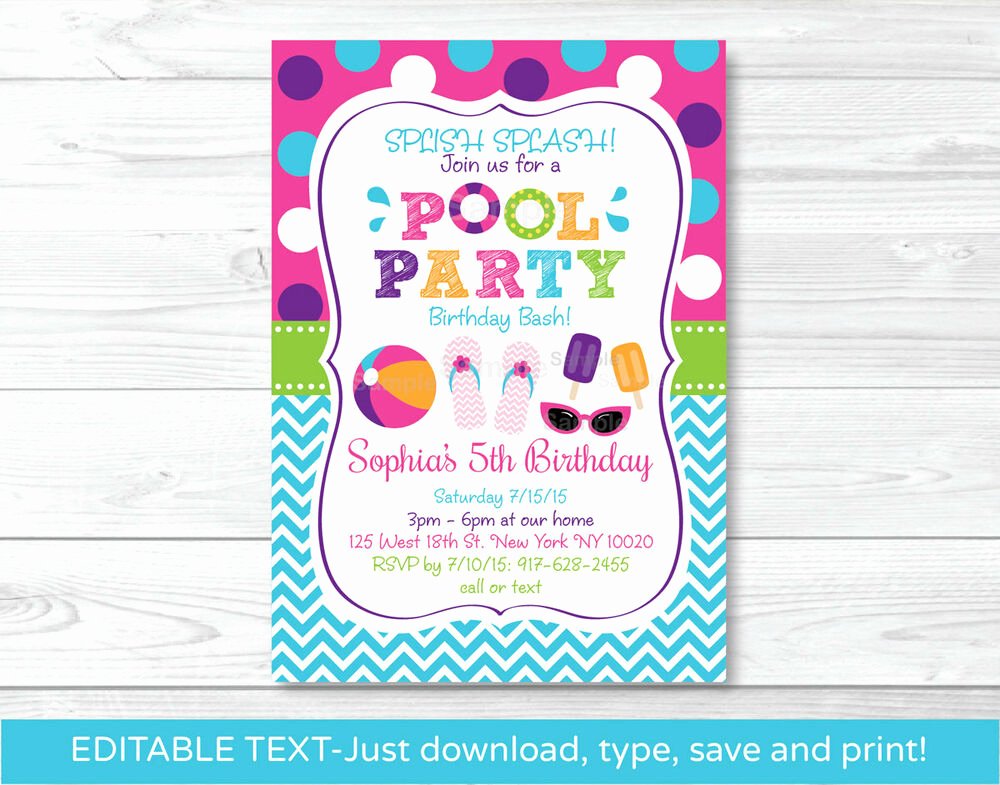 Pool Party Invitation Template Free Inspirational Girls Pool Party Printable Birthday Invitation Editable
