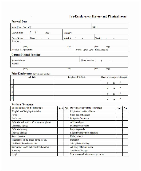 Pre Employment Physical form Template Beautiful Free 8 Pre Employment Physical forms In Samples Examples
