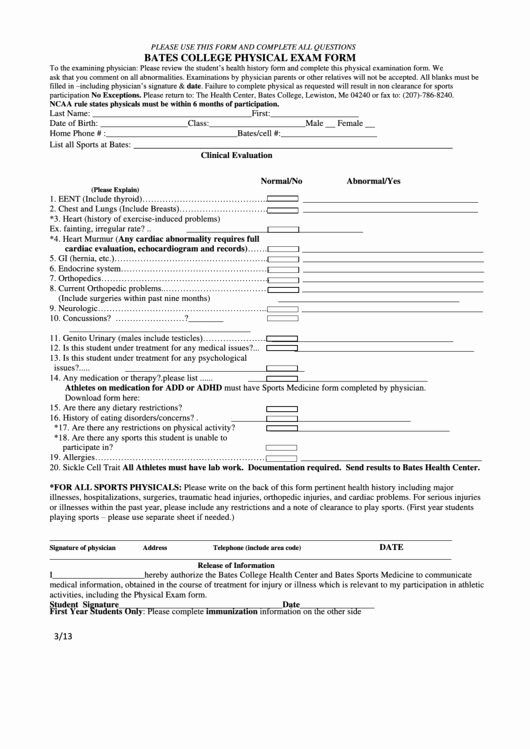 Pre Employment Physical form Template Elegant College Physical Exam form Printable Pdf