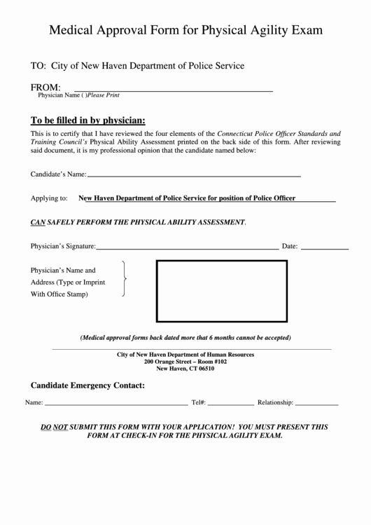 Pre Employment Physical form Template Fresh Medical Approval form for Physical Agility Exam Printable