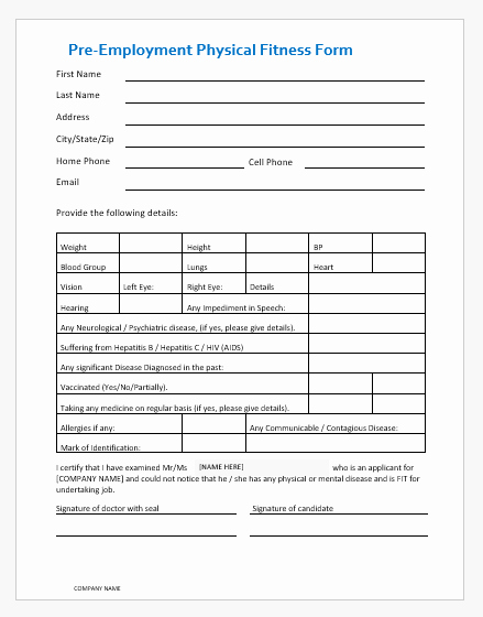 Pre Employment Physical form Template Fresh Pre Employment Physical Fitness form