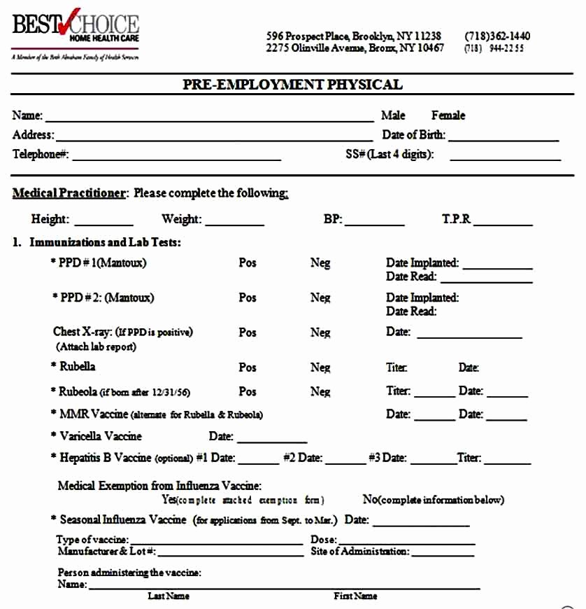 Pre Employment Physical form Template Lovely Physical form Templates