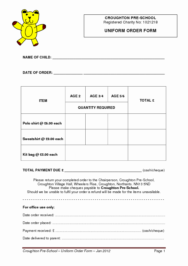 Pre order form Template Awesome Uniform order form Croughton Pre School