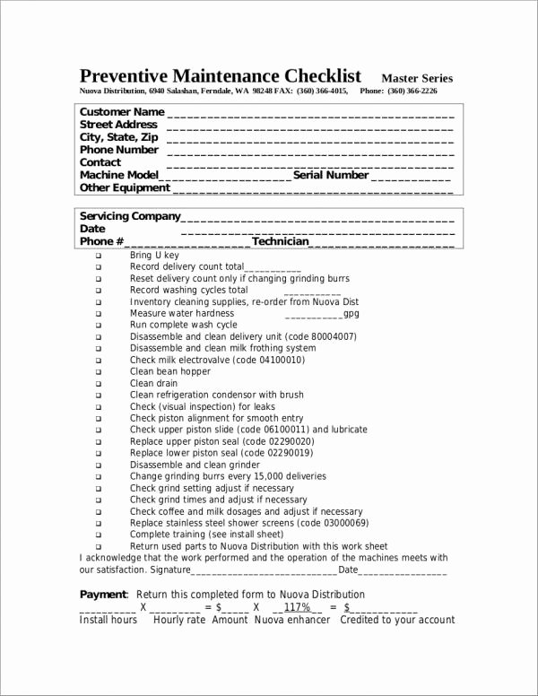 maintenance checklist templates