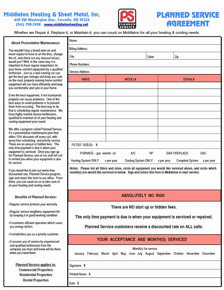 Preventive Maintenance form Template Lovely Middleton Heating Maintenance