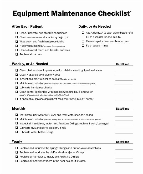 Preventive Maintenance form Template Luxury Equipment Maintenance Checklist Templates